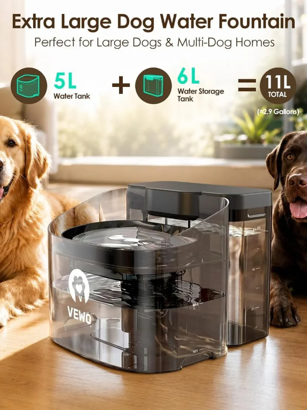 VEWO W16-L 11L Large Dog Water Fountain No Spill Automatic Dispenser Black NEW